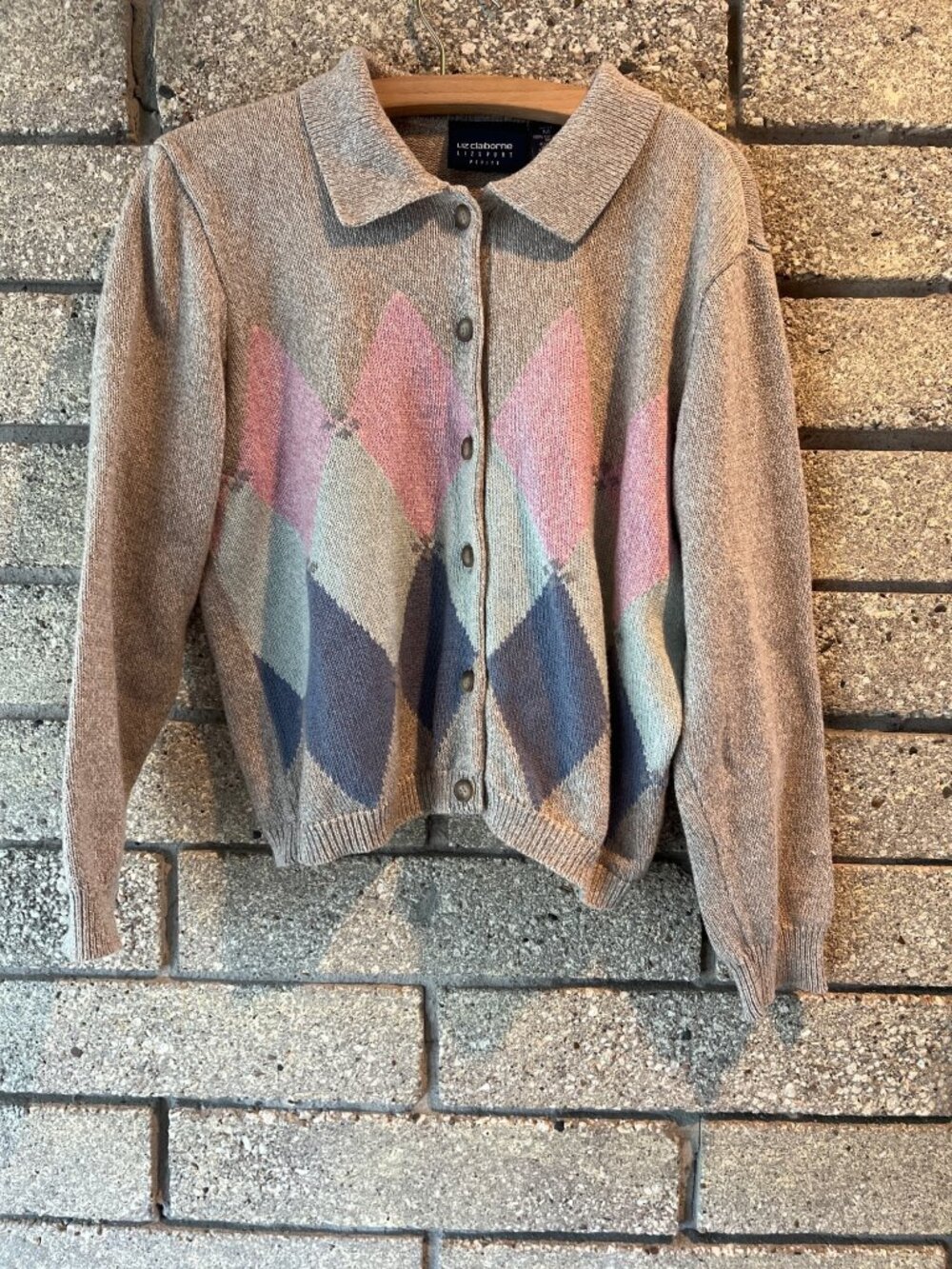 Liz Claiborne Lizsport Petite Medium Beige Argyle Button-Down Cardigan Sweater